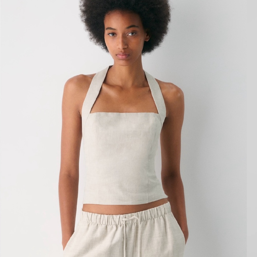 Aritzia Wilfred Whisper Linen Halter Top in Natural Ecru, Size 2XS